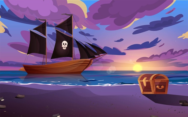 Vector sailing pirate ship with black flags in the sea and chest on the shore.