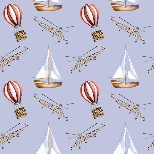 Sailing ship air balloon airplane watercolor seamless pattern isolated on blue Boat aircraft