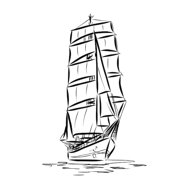 Sailing ship or boat in the ocean in ink line style. hand sketched yacht. marine theme design.