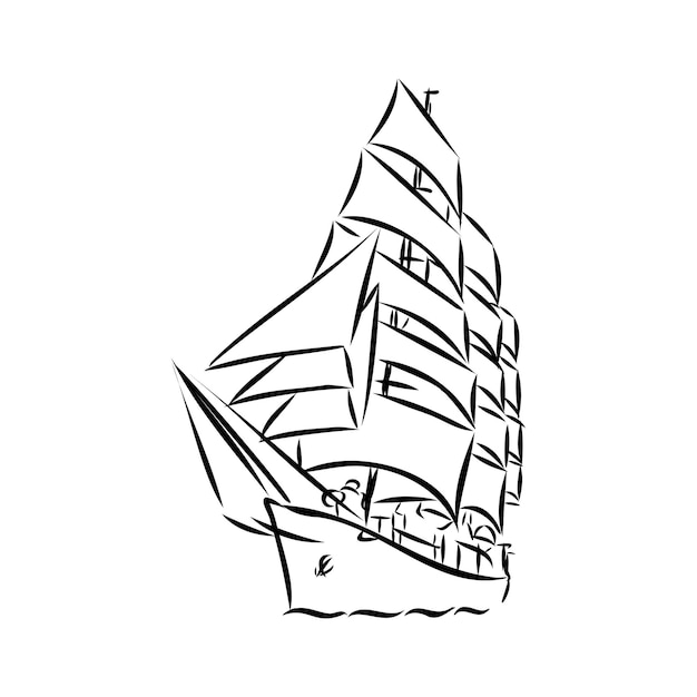 Sailing ship or boat in the ocean in ink line style. Hand sketched yacht. Marine theme design.