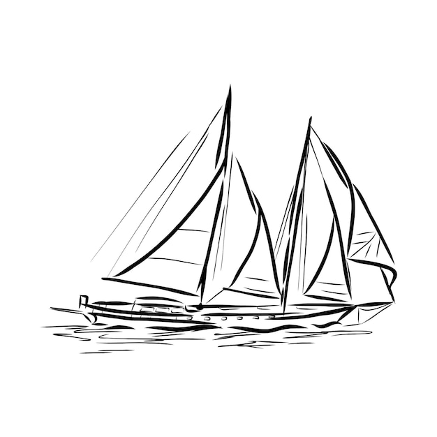 Sailing ship or boat in the ocean in ink line style. Hand sketched yacht. Marine theme design.