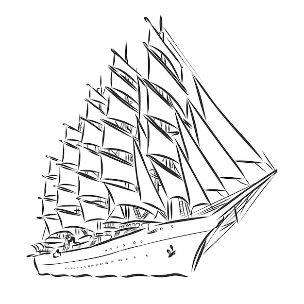 Sailing ship or boat in the ocean in ink line style. Hand sketched yacht. Marine theme design.