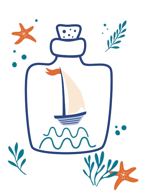 Sailing ship in the bottle Sailboat starfish seaweed and bottle