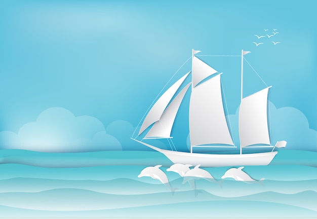 Sailing ship and Dolphin in the sea background