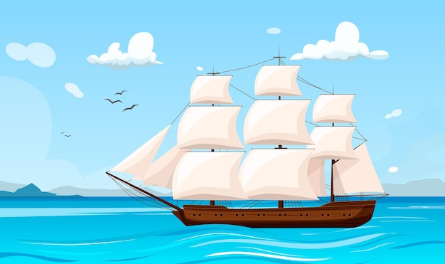 Sailing ship is traveling in sea with waves Horizon with mountains seagulls and clouds in the background Concept of trip on seacraft Vector graphic illustration