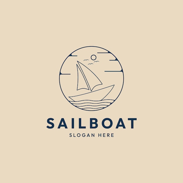 Sailing ship line art logo design minimalist sea background vector illustration design