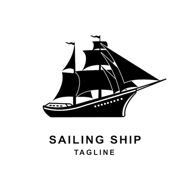 海のシルエットの船のロゴデザインでフルセイルセーリングと帆船