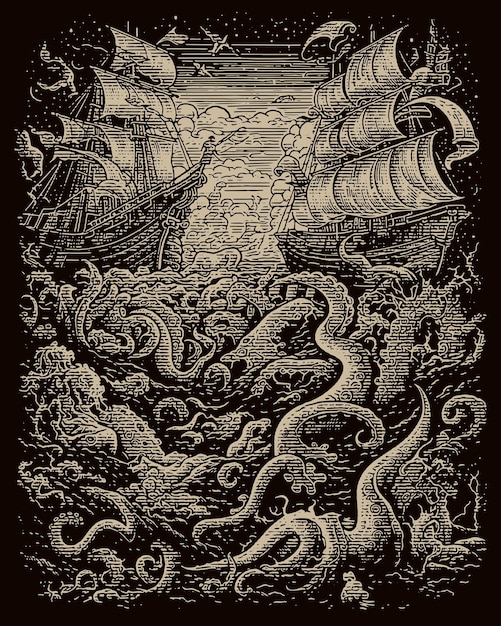 Sailing ships in a storm fight sea monsters Vector Engraving