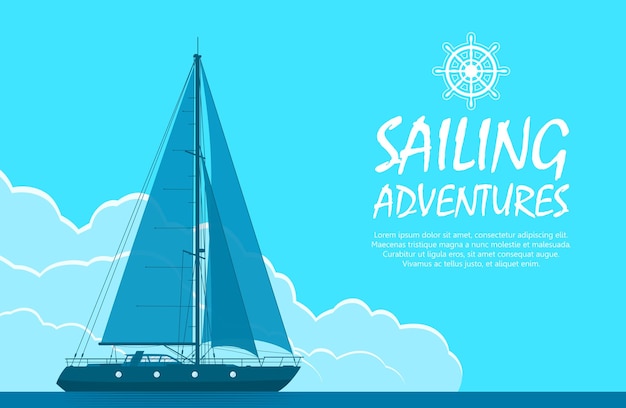 Sailing yacht in the sea. Landscape with luxury yacht on huge blue cloudy sky background. Vector illustration.