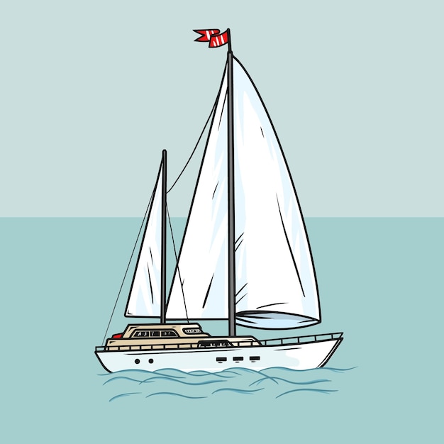 Vector sailing yacht with white sails in the open ocean illustration chic sailing ship on waves luxurious yacht race illustration of sea sailing regatta