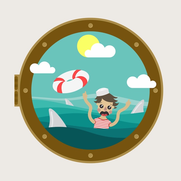 Vector sailor overboard surrounded by sharks illustration for animation