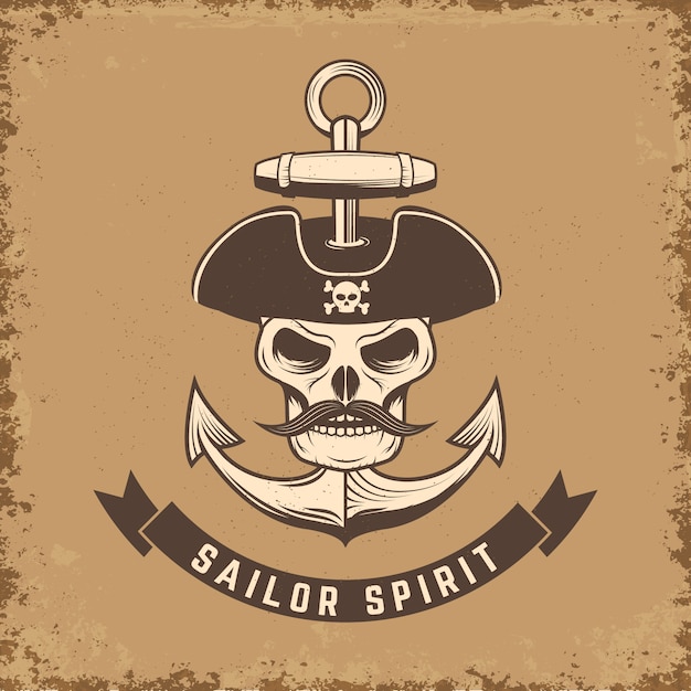 Sailor spirit. skull with anchor on grunge background.  illustration.