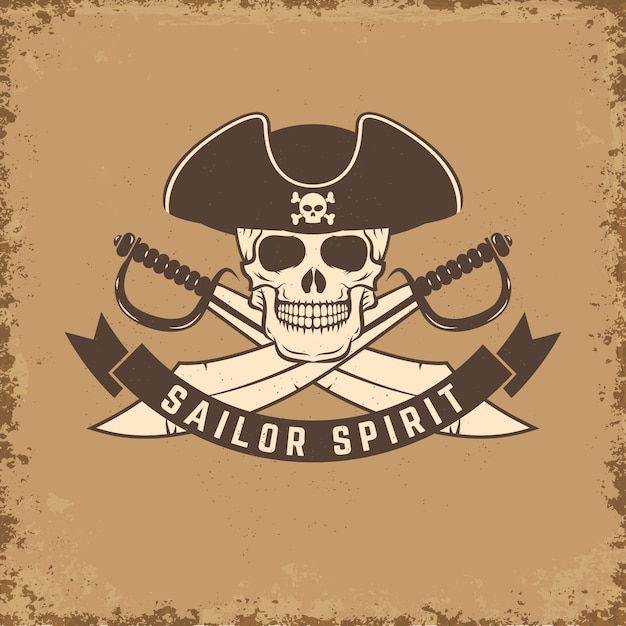 Sailor spirit. skull with anchor on grunge background.  illustration.