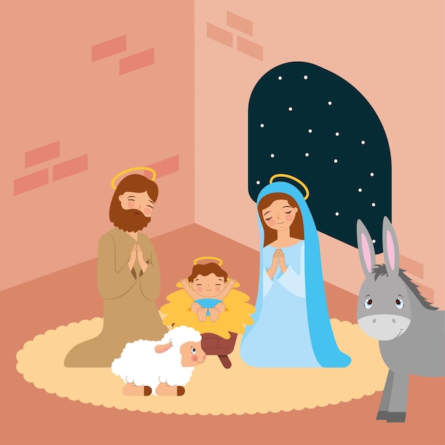 Saint joseph and holy mary with baby jesus between animals farm nativity scene vector illustration