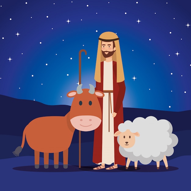 Vector saint joseph with ox and sheep on night