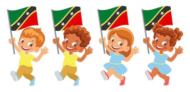 Saint Kitts and Nevis flag in hand. Children holding flag. National flag of Saint Kitts and Nevis