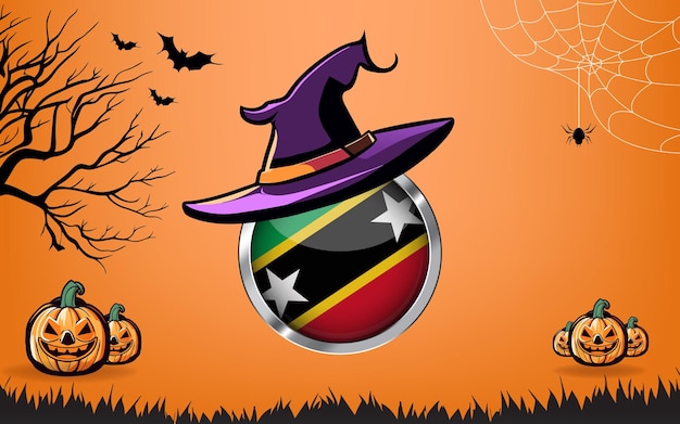 saint kitts and nevis round flag with Happy Halloween banner or party invitation background bats spiders and pumpkins orange background
