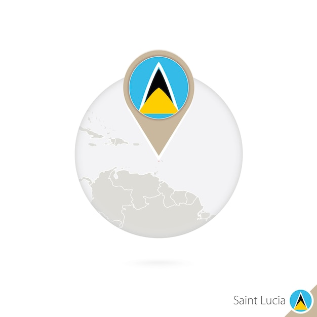 Saint Lucia-kaart en vlag in cirkel. Kaart van Saint Lucia, Saint Lucia vlag pin. Kaart van Saint Lucia in de stijl van de wereld. Vectorillustratie.