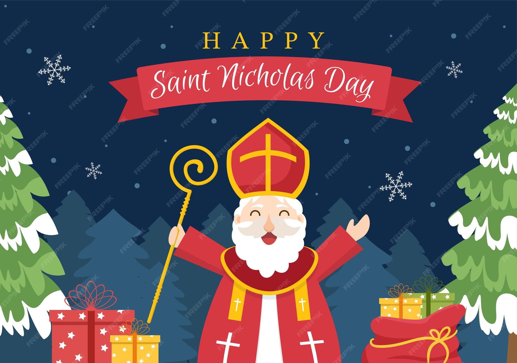 성 니콜라스의 날 또는 Sinterklaas 축 하 템플릿 손으로 그린 만화 평면 그림 프리미엄 벡터
