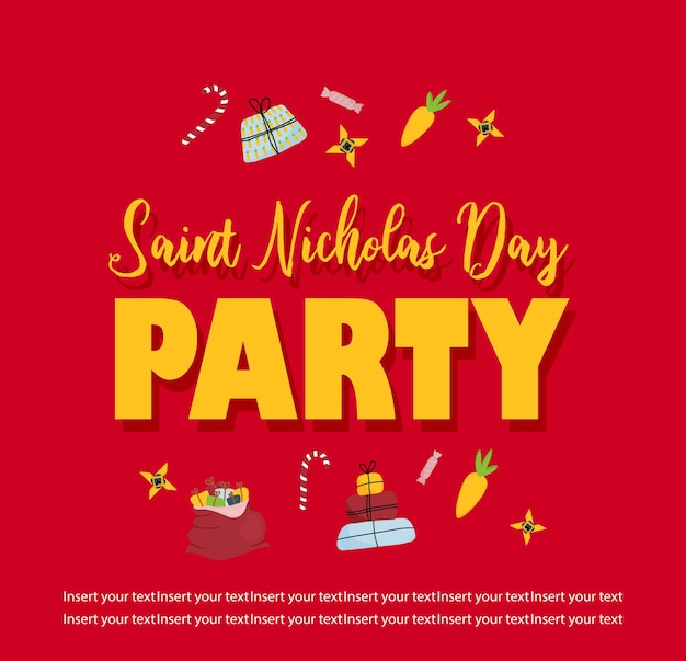 Saint Nicholas Day party poster. Invitation to the party To the day of St. Nicholas on a red backgro