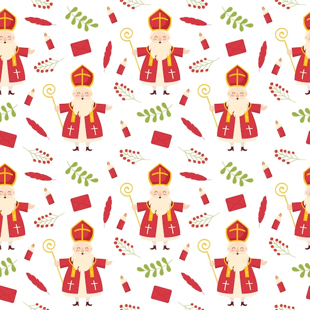 Saint Nicholas Day or Sinterklaas Seamless Pattern Background Hand Drawn Cartoon Flat Illustration