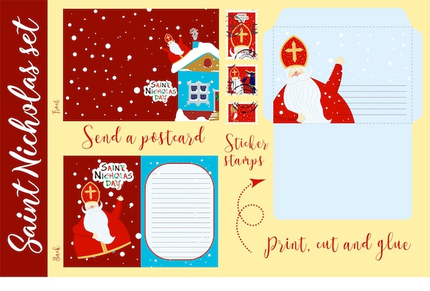 Saint Nicholas set Congratulations letter to St Nicholas Winter Christian holiday