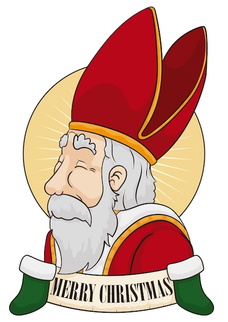 Vector saint nicholas with its attire mitre robe and aureole wishing you a merry christmas with a scroll