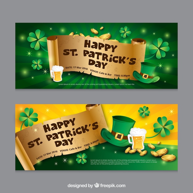 Leprechaun party banners saint patrick day cartaz modelo irlandês celtic  feriados verde flyer st patricks clube convite sorte shamrock fundo  engenhoso ilustração vetorial do dia da festa de saudação