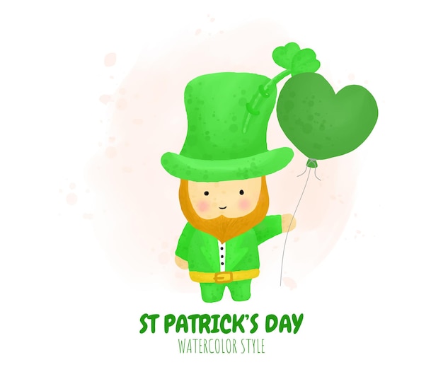 Leprechaun del personaggio dei cartoni animati di san patrizio che tiene il palloncino del cuore in stile acquerello