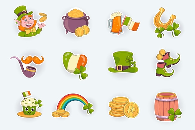 Saint Patrick day cute stickers set in flat cartoon design Leprechaun with coins cauldron beer Irish flag horseshoe clover leaves and other Vector illustration for planner or organizer template