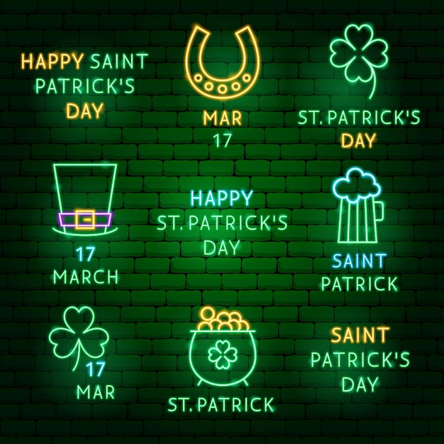 Saint Patrick Day Neon Label Set. Vector Illustration of Holiday Promotion.