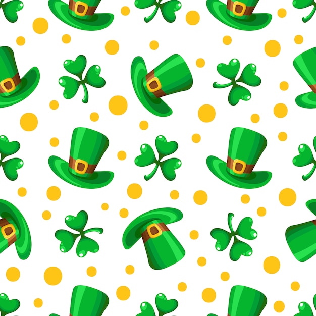 Saint Patrick day seamless pattern shamrock or clover land green bowler hat