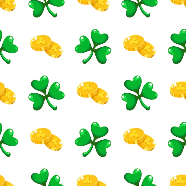 Saint patrick day seamless pattern  shamrock or clover leaves and gold coins