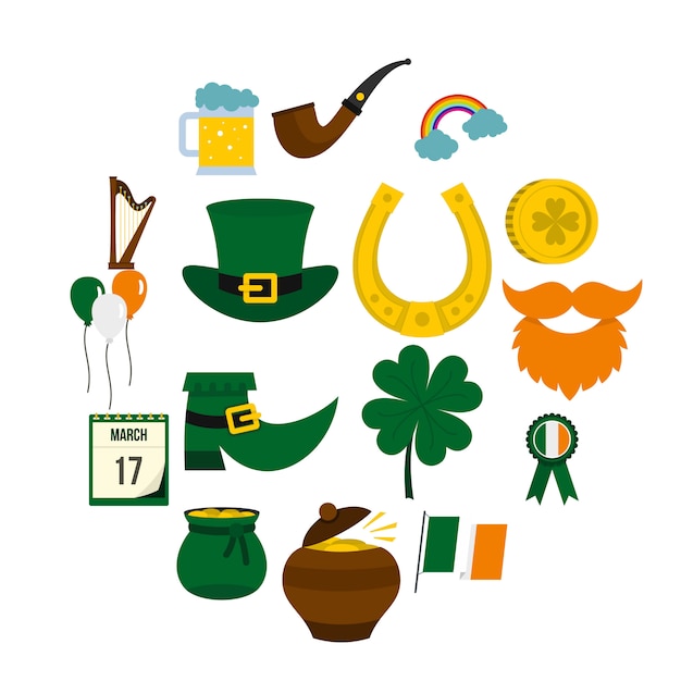 Saint Patrick icons set in flat style