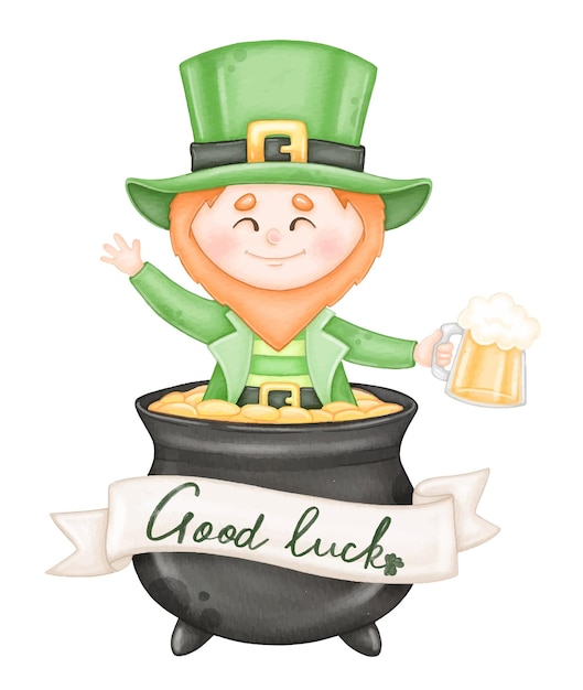 Saint patrick in a pot of gold good luck printable illustration