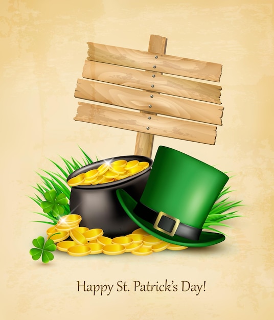 Vector saint patrick's day background with a sign clover leaves green hat and gold coins in a cauldron vector illustration