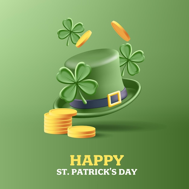 Saint Patrick's Day banner with clove leaves and green hat with falling golden coins Vector 3d