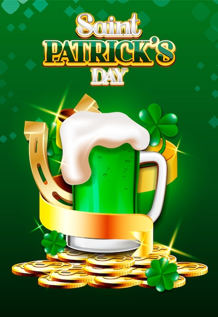 Saint Patrick's Day beer and golden ribbon poster design