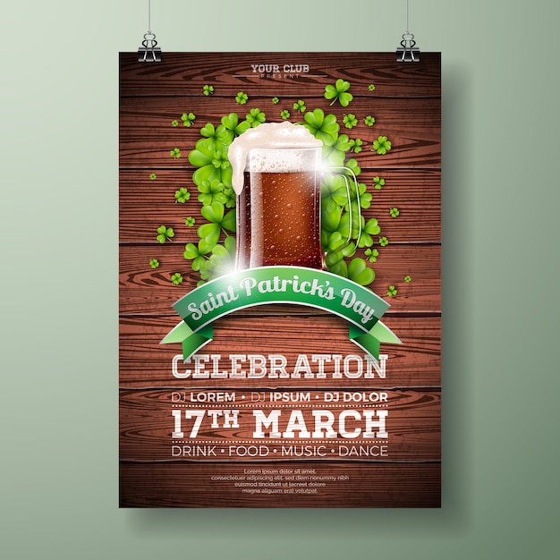 Saint patrick's day party flyer illustration with fresh dark beer and clover