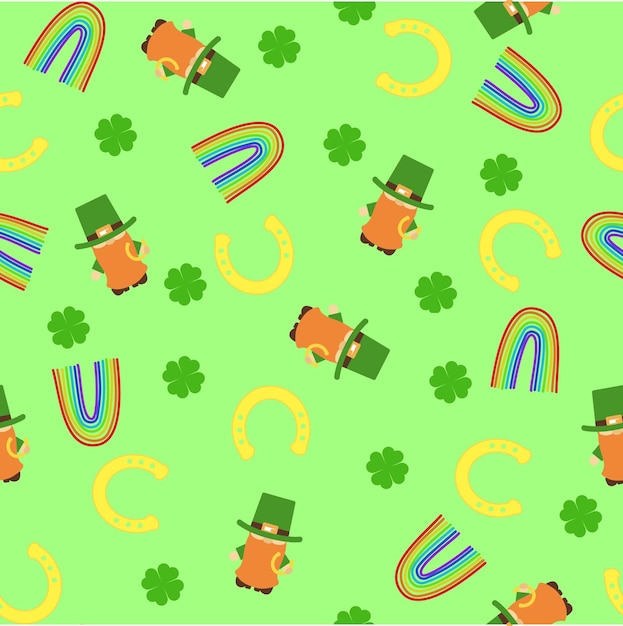 Saint Patrick's Day pattern. Seamless holiday pattern with leprechaun, rainbow, shamrock