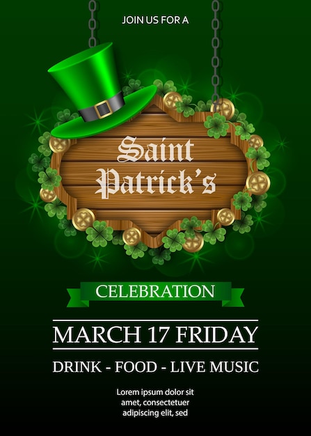 saint patrick's day poster met houten uithangbord en groene hoed. st. patrick's day flyer met klaverblaadjes