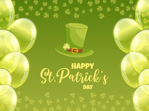 Saint Patrick's Day Poster with Leprechaun's hat balloons and leaves on green backgound