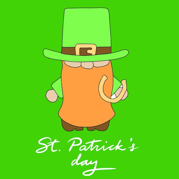 Saint Patrick's Day square banner. Leprechaun with horseshoe. Vector illustration.