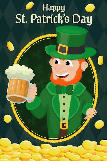 Saint patricks day banner with gold coins and leprechaun holding a glass of beer