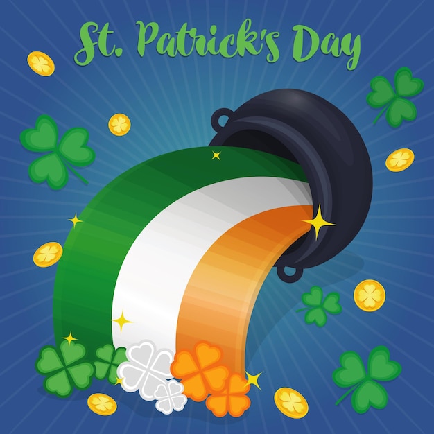 Saint patricks day banner with upside down pot coins shamrock leaves and flag