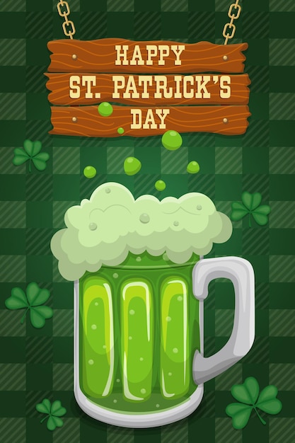 Saint patricks day banner with wood sign and holiday green ale