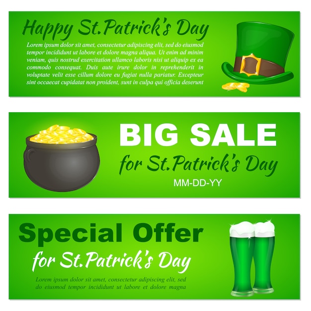 Vector saint patricks day banners with hat, pot and beer.