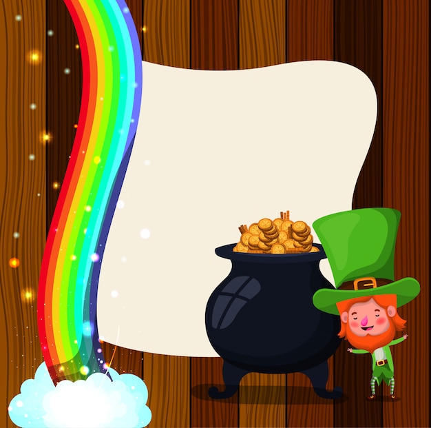 Saint patricks day card with cauldron and lemprechaun