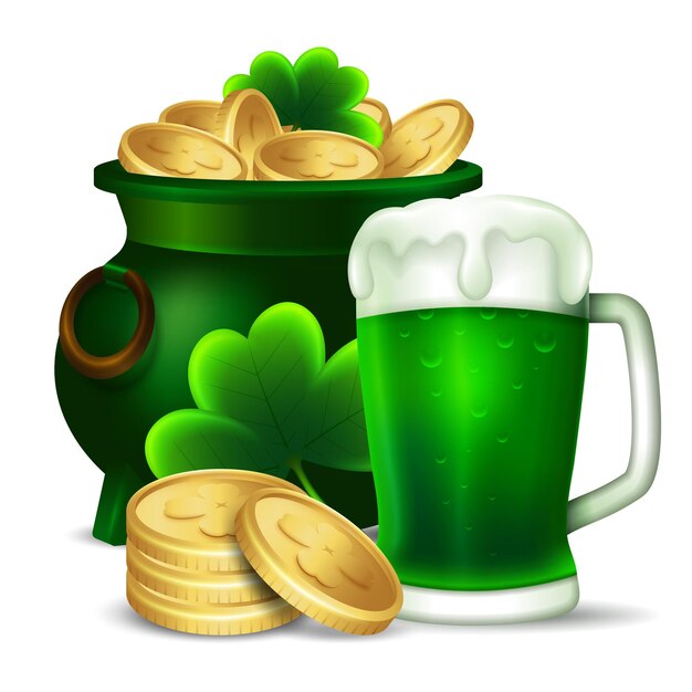 Vector saint patricks day celebration clipart with beer clover leaves pot cauldron and coin