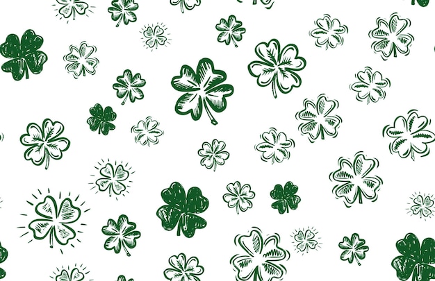 Saint Patricks Day, clover pattern, hand drawn illustrations.